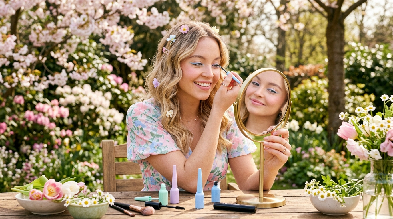 Close-up image showing eyelashes with pastel eyeliner accents and mascara in soft pink, lavender, mint, and light blue shades.