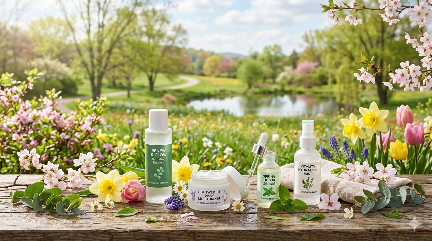 spring-skin-care-lightweight-moisturizer-textures-cover. Flat lay of skincare bottles and gel textures with green leaves and soft natural lighting.