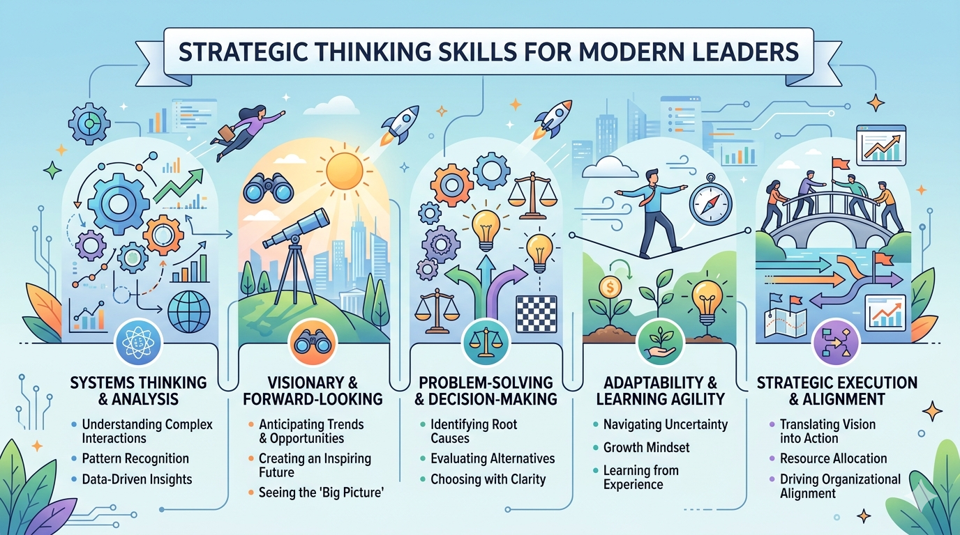 Diagram presenting systems thinking, analytical reasoning, long-term orientation, and adaptability within leadership frameworks