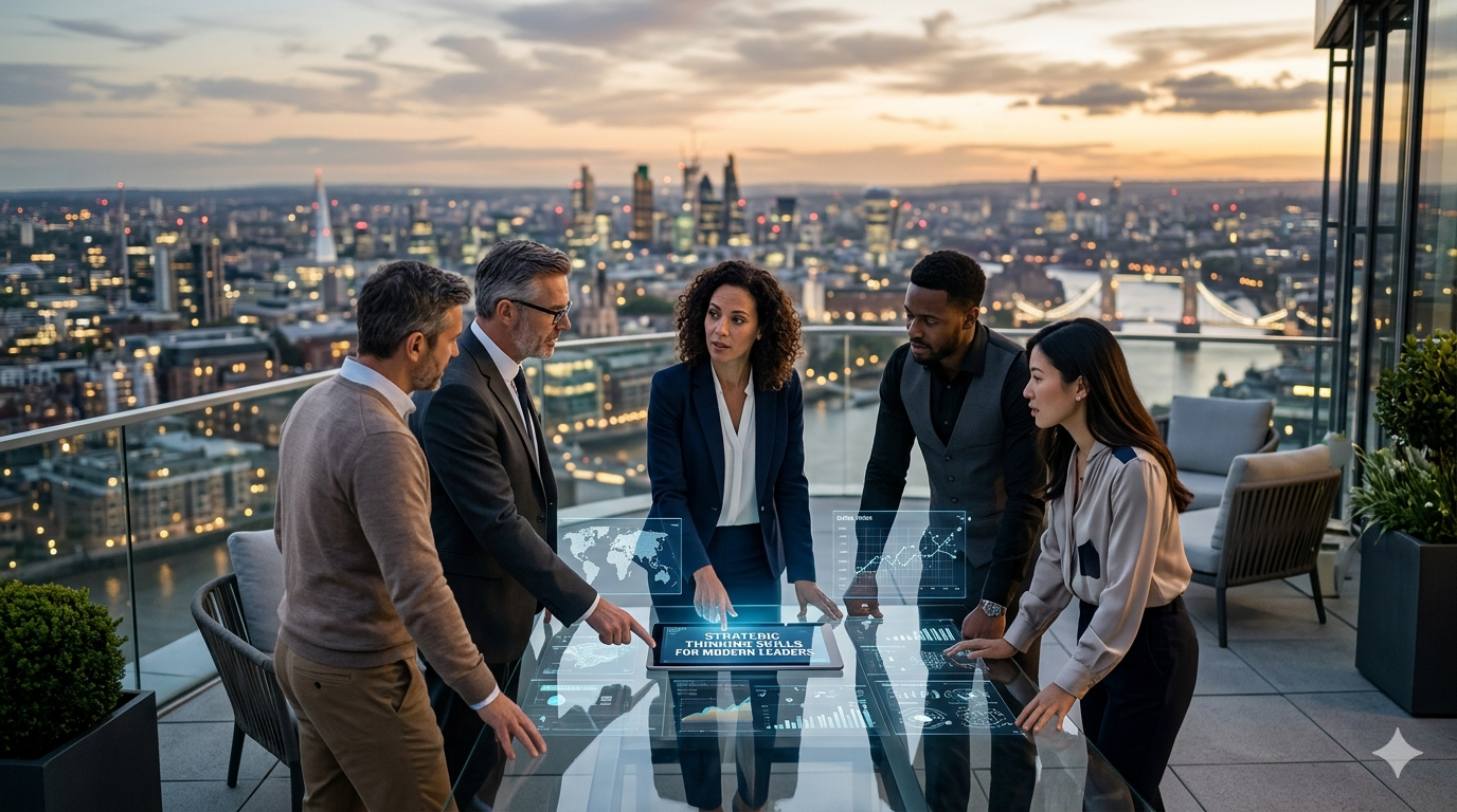 strategic-thinking-modern-leadership-cover. Illustration of a leader reviewing charts, graphs, and interconnected system diagrams on a digital interface