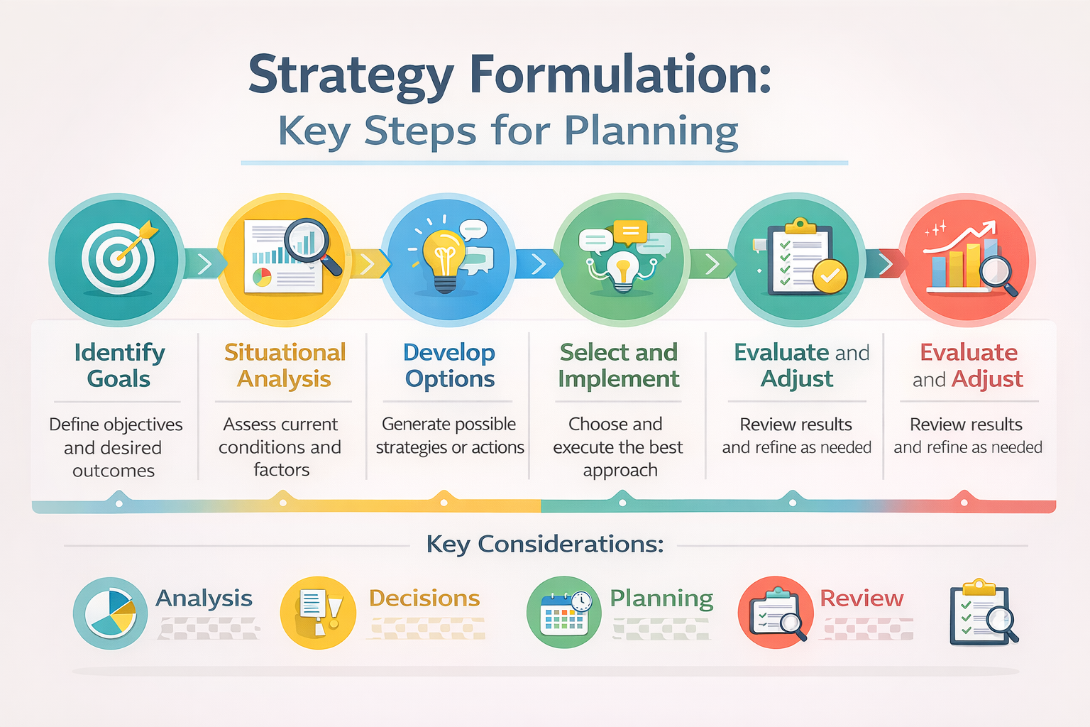 Structured diagram showing stages such as goal setting, analysis, option selection, and evaluation