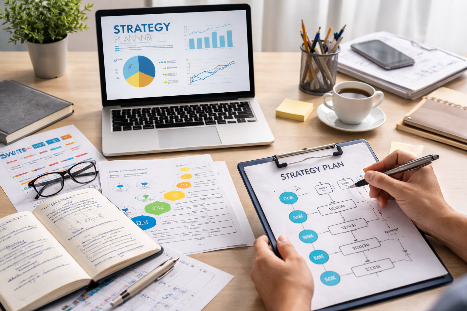 strategy-planning-workspace-visual. Workspace with laptop, charts, and notes arranged on a desk showing planning and analysis materials