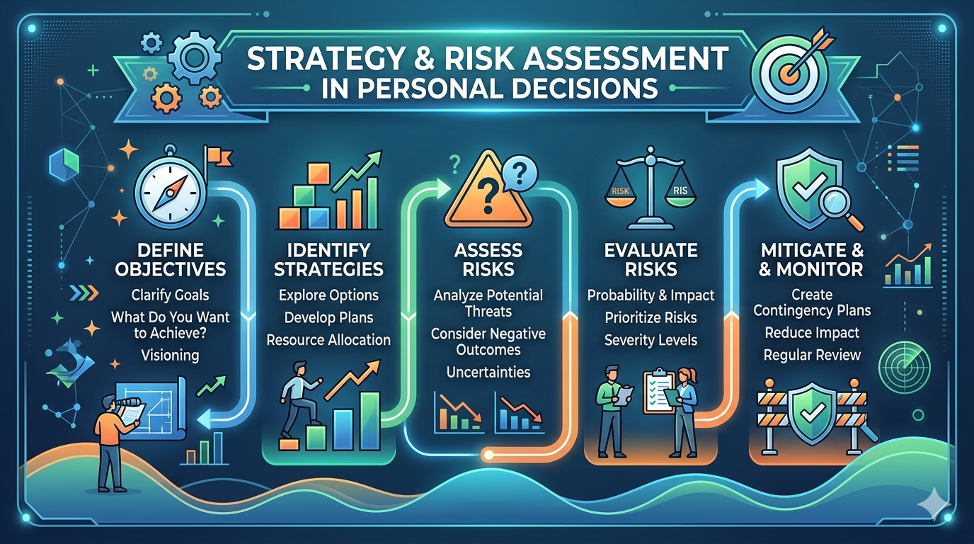 Infographic outlining decision-making elements such as uncertainty, trade-offs, and evaluation models