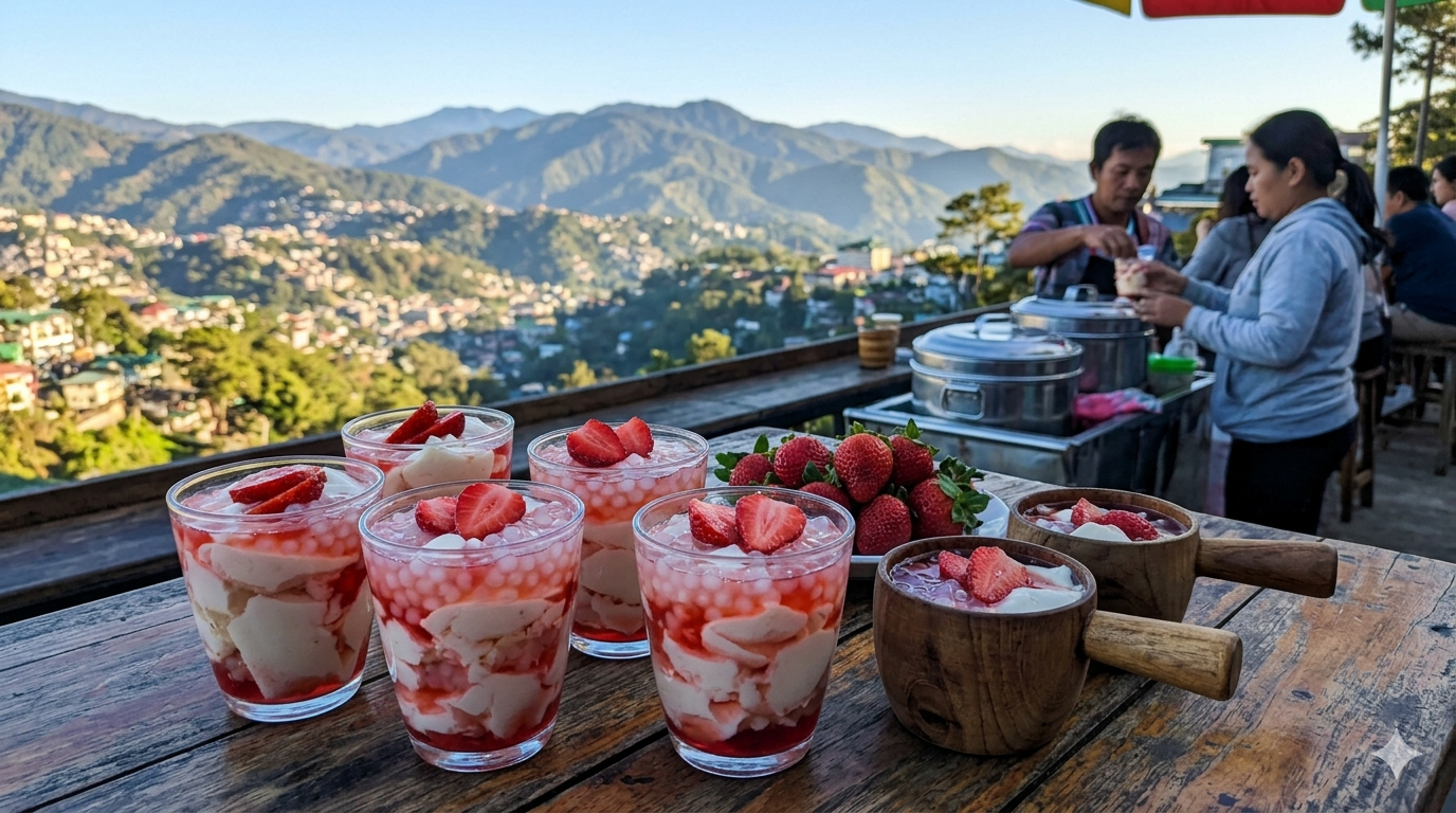 strawberry-taho-cover. Cup of soft tofu with sago pearls and pink strawberry syrup layered on top