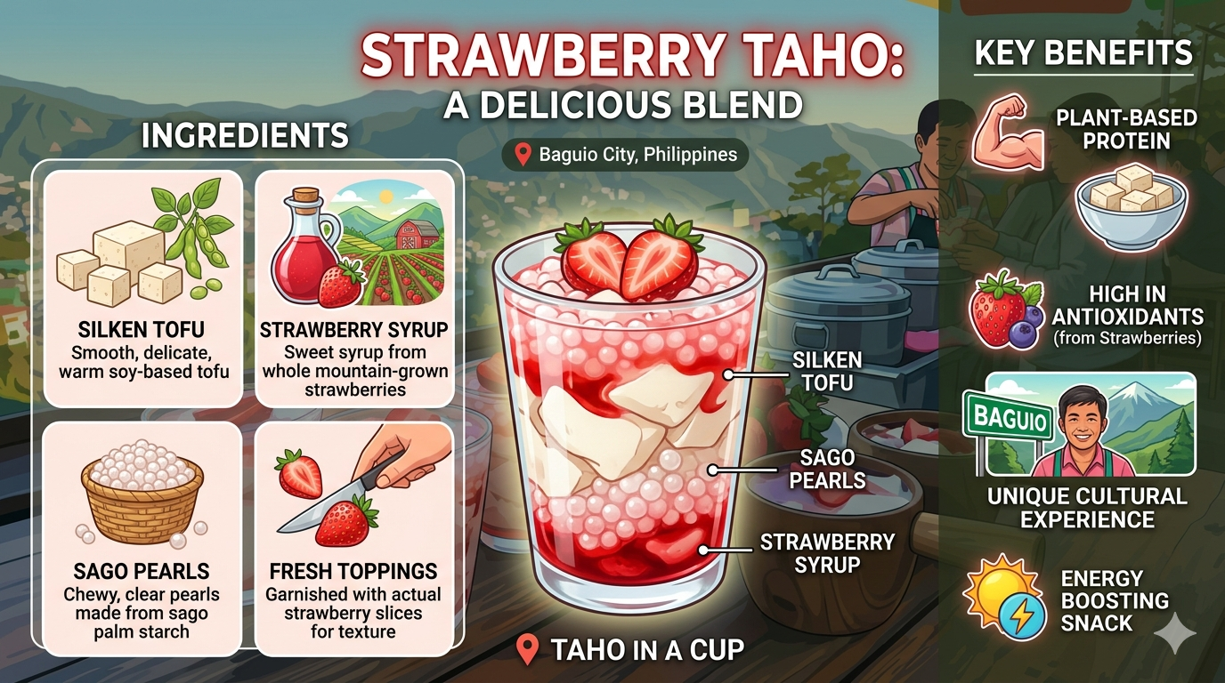 Diagram showing tofu base, sago pearls, and strawberry syrup layers in a typical strawberry taho serving