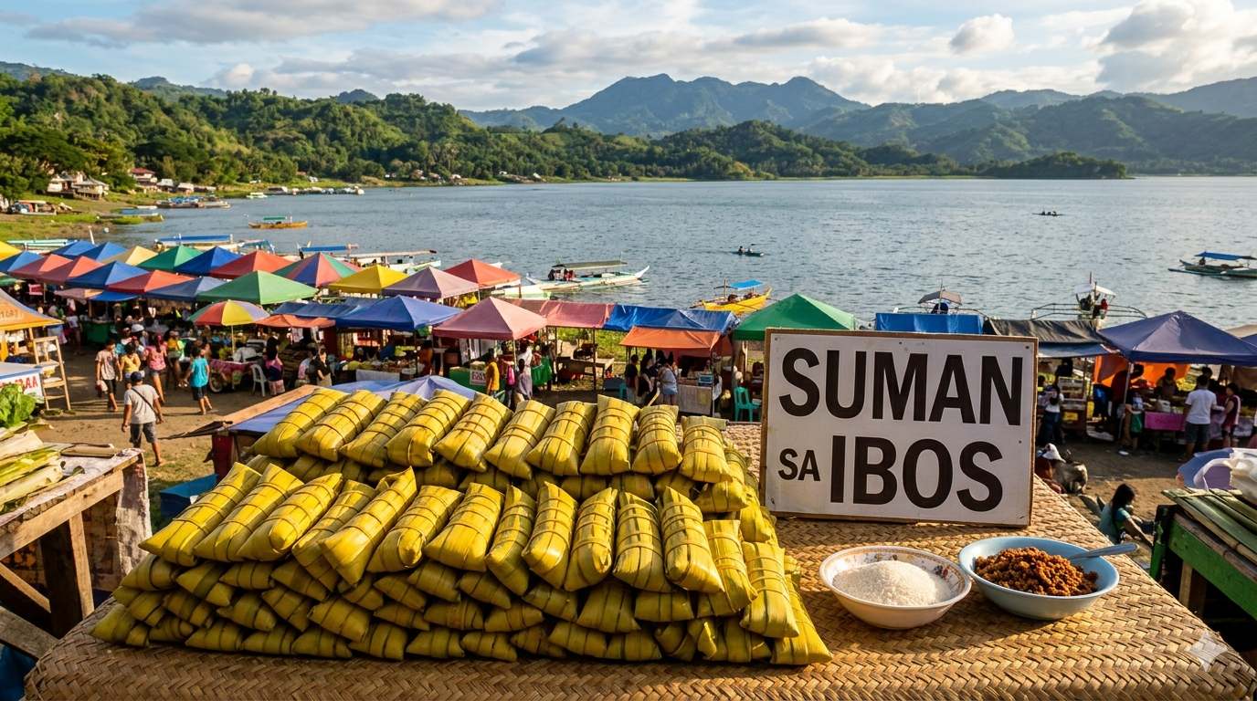 Steamed Suman sa Ibos arranged on a platter, showing traditional palm leaf wrapping.