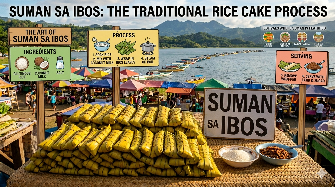 Step-by-step depiction of making Suman sa Ibos with rice, coconut milk, and palm leaf wrapping.