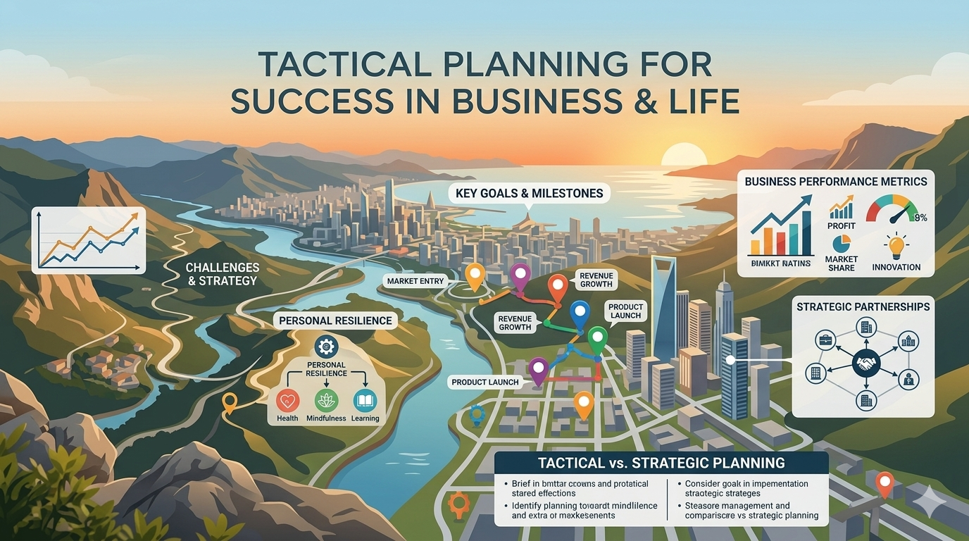 Visual diagram showing tactical planning elements such as goals, actions, timelines, and review stages