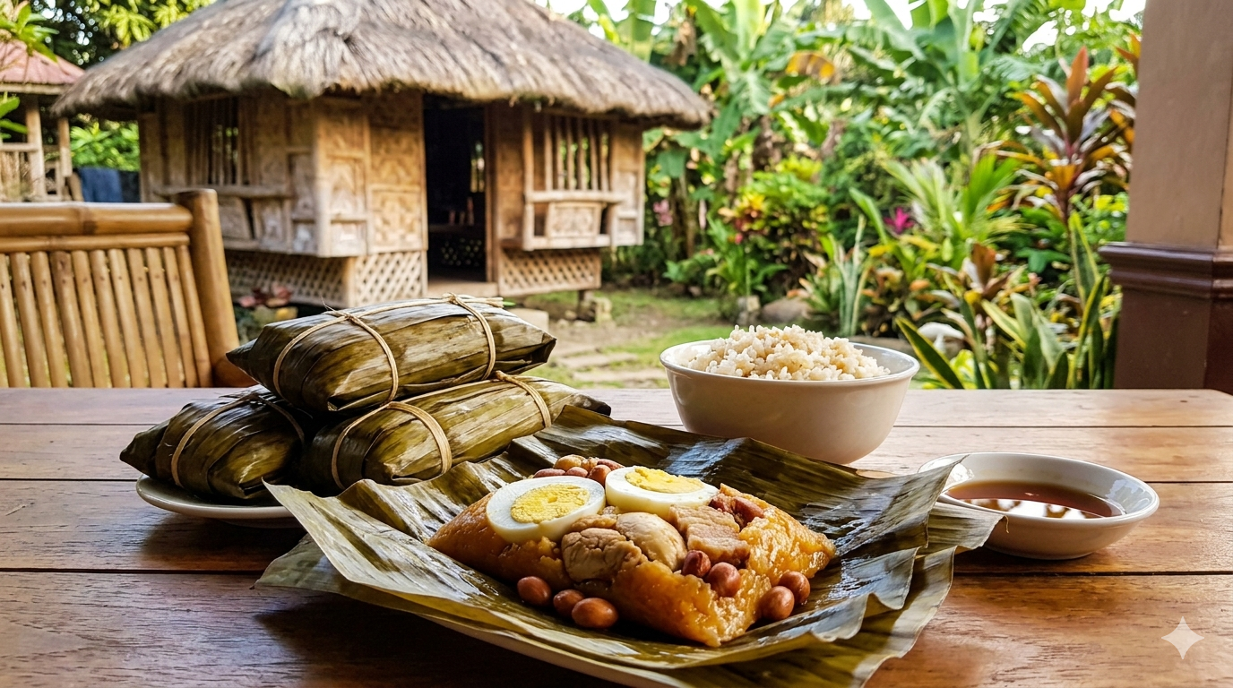 tamales-caviteño-banana-leaves. Steamed Tamales Caviteño wrapped in banana leaves on a tray