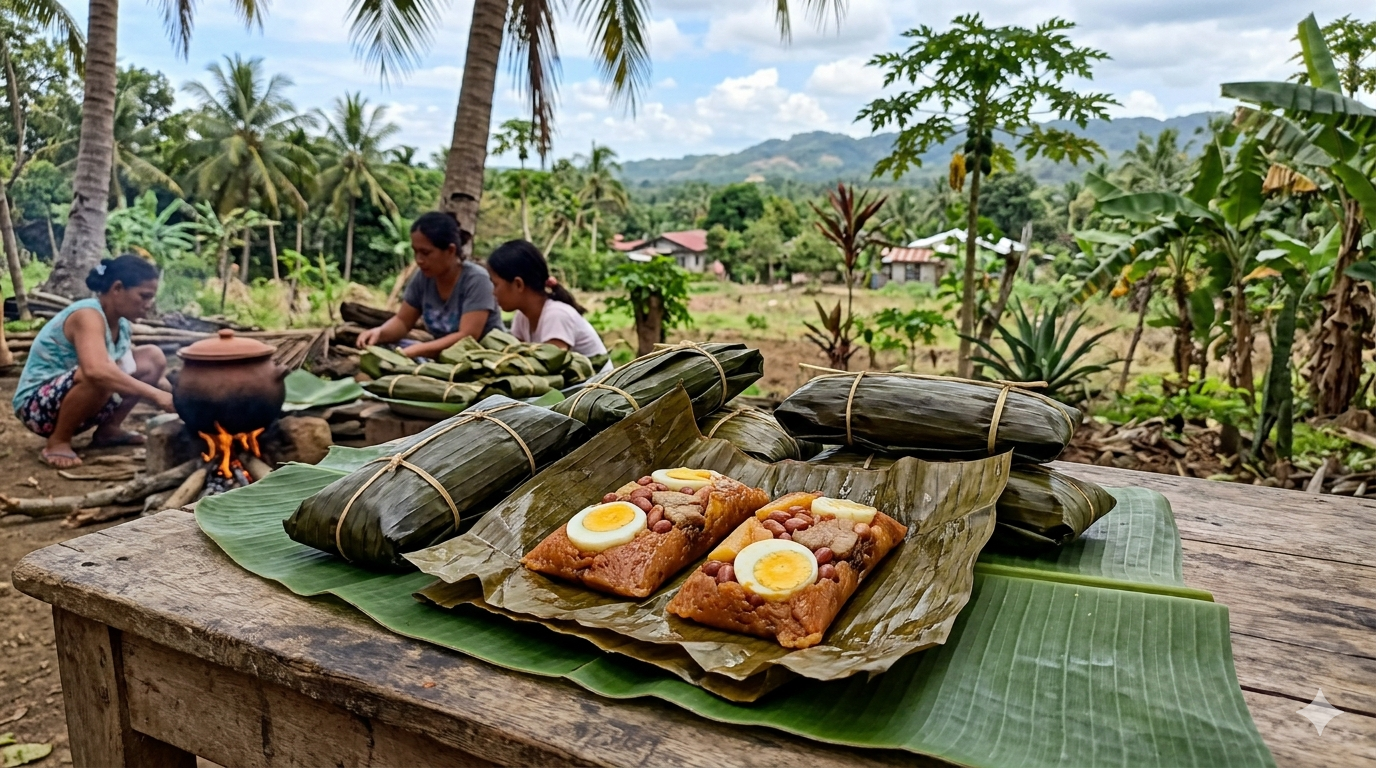 tamales-caviteño-cover. Banana leaf-wrapped Tamales Caviteño arranged on a traditional Filipino serving tray.