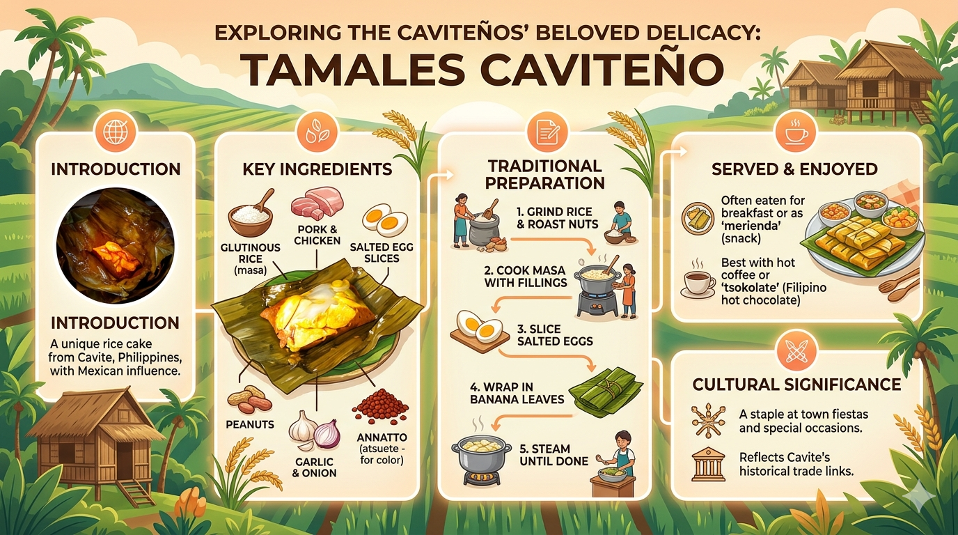 Infographic showing common ingredients and steps for preparing Tamales Caviteño.