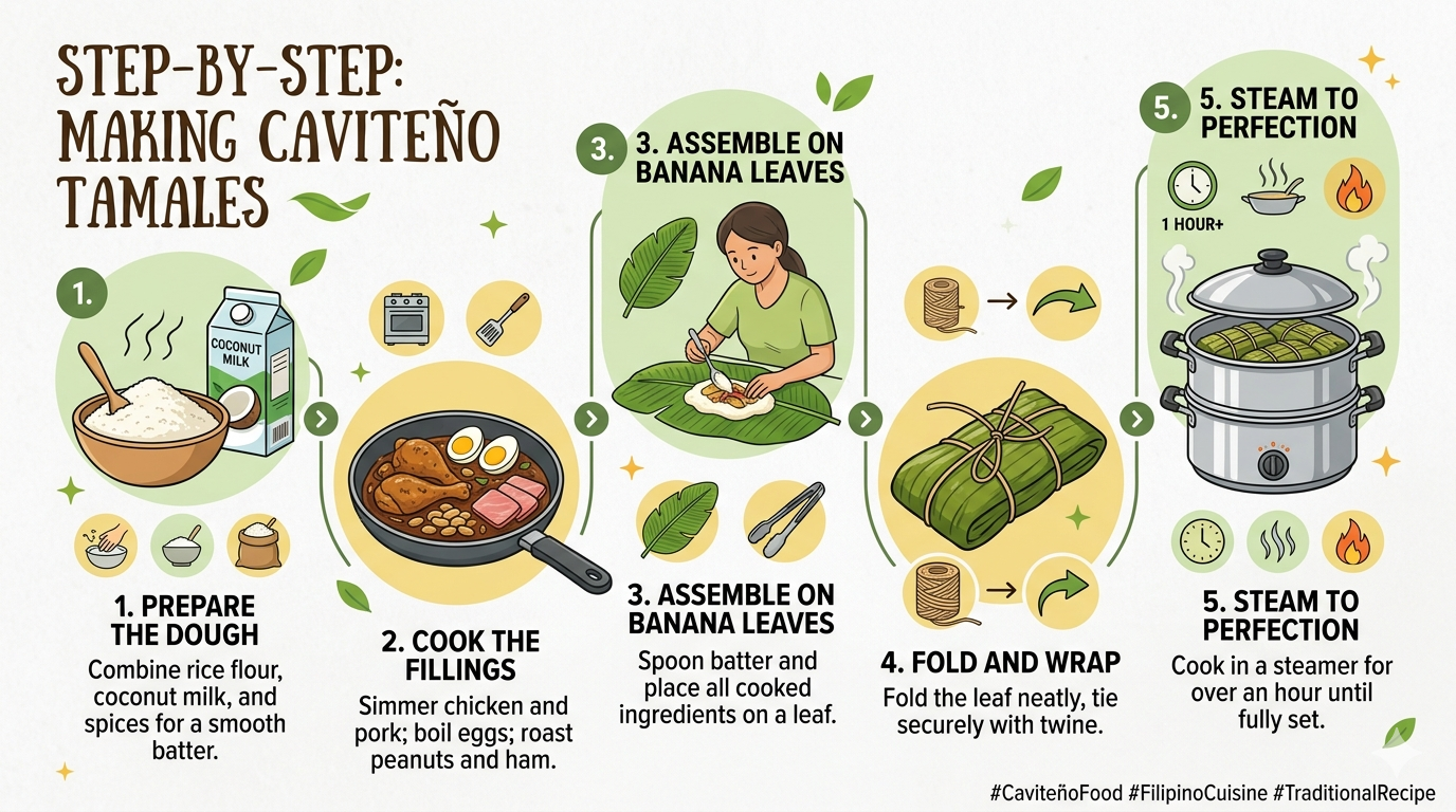 Infographic showing typical ingredients and steps in making Tamales Caviteño