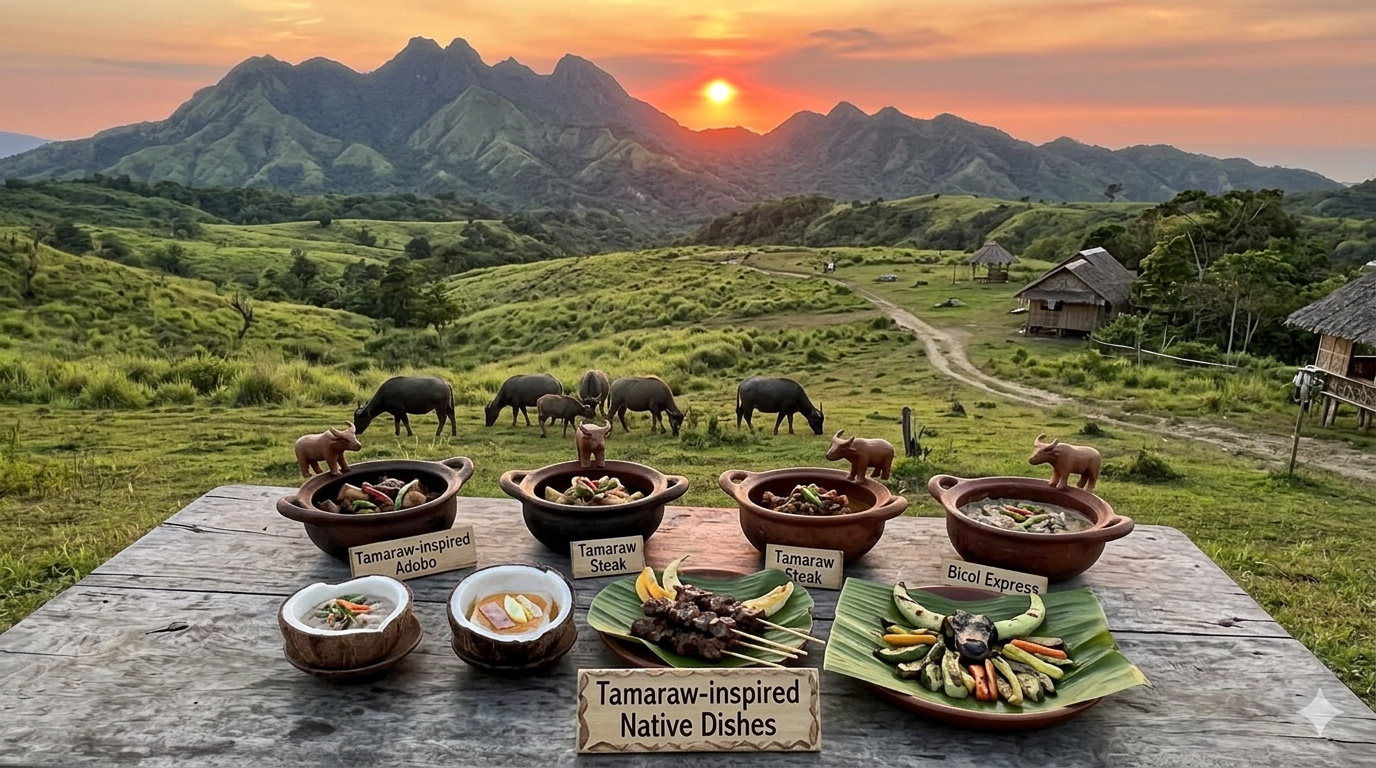 Plate of traditional Filipino dishes with vegetables, grains, and protein sources