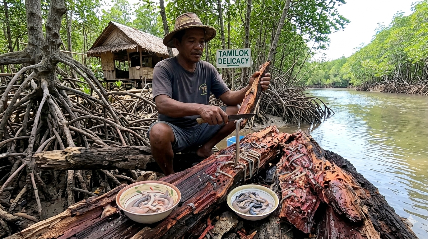 Close-up of tamilok woodworm served on a neutral plate, marine setting