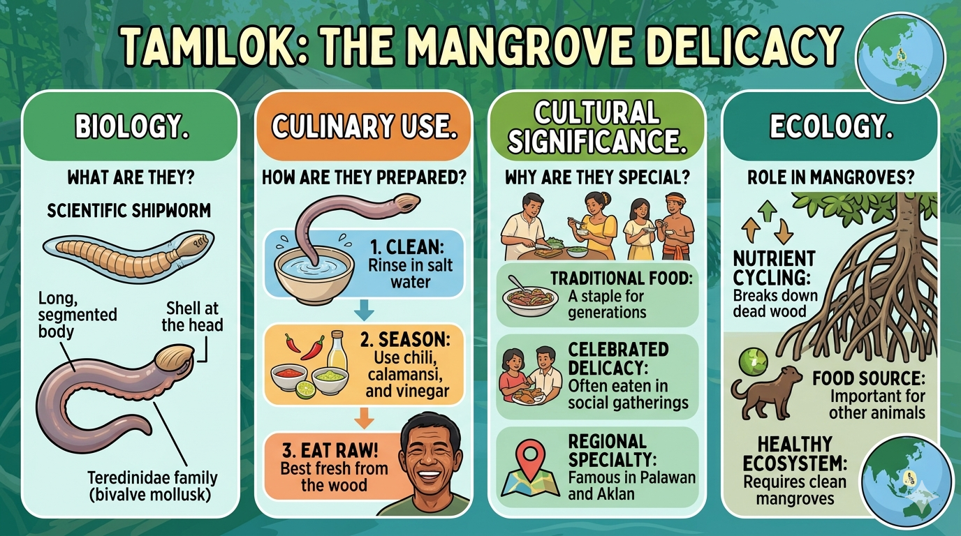 Illustration showing tamilok woodworm, preparation methods, and portion display
