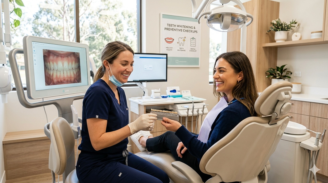 Illustration of dental tools, toothbrush, toothpaste, and a labeled tooth diagram on a light background.