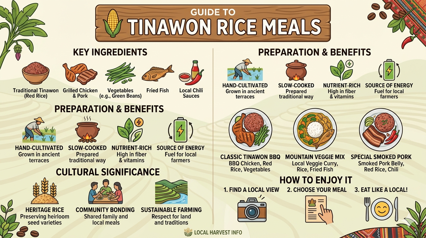 Diagram showing Tinawon rice with different food groups arranged in sample meal combinations