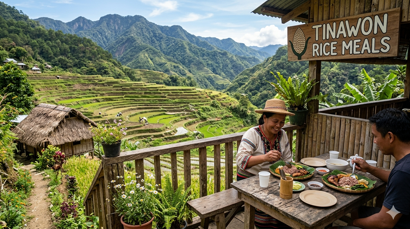 tinawon-rice-traditional-meal-setting. Serving of Tinawon rice with fish and vegetables arranged on a table