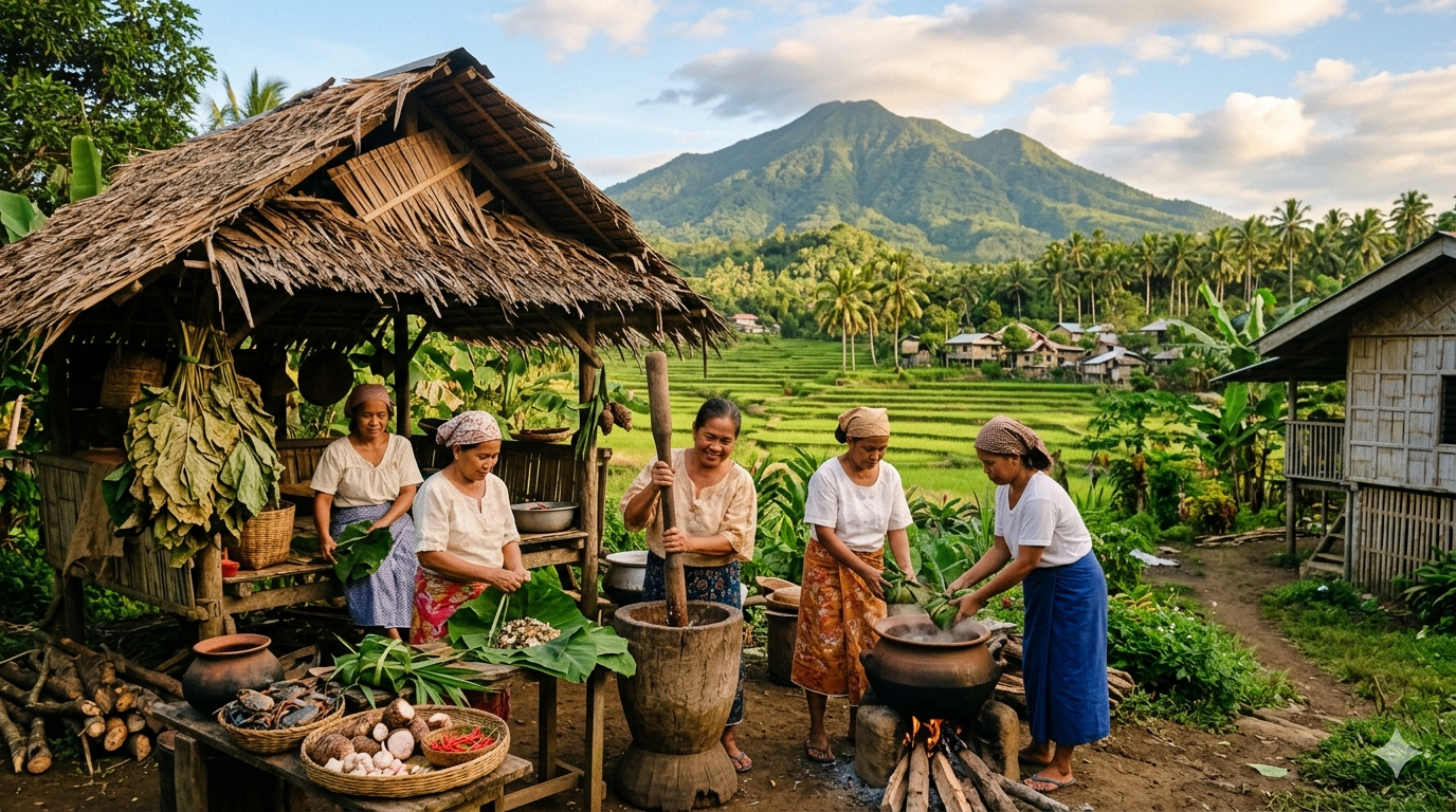 Top view of Tinuktok dish with coconut and vegetables on a plate.