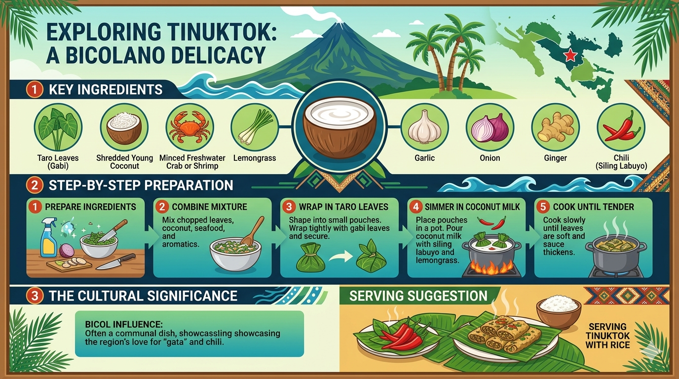 Illustration showing ingredients and preparation steps of Tinuktok.