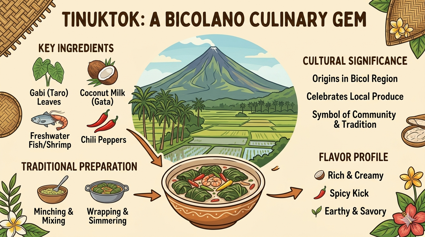 Infographic showing main ingredients and step-by-step preparation of Tinuktok.