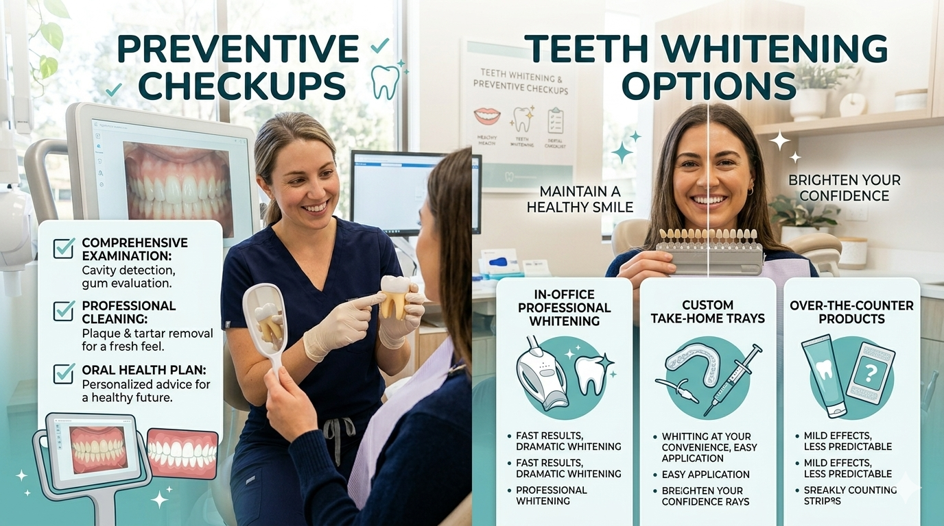 Infographic showing tooth layers alongside common elements of a routine dental examination environment.