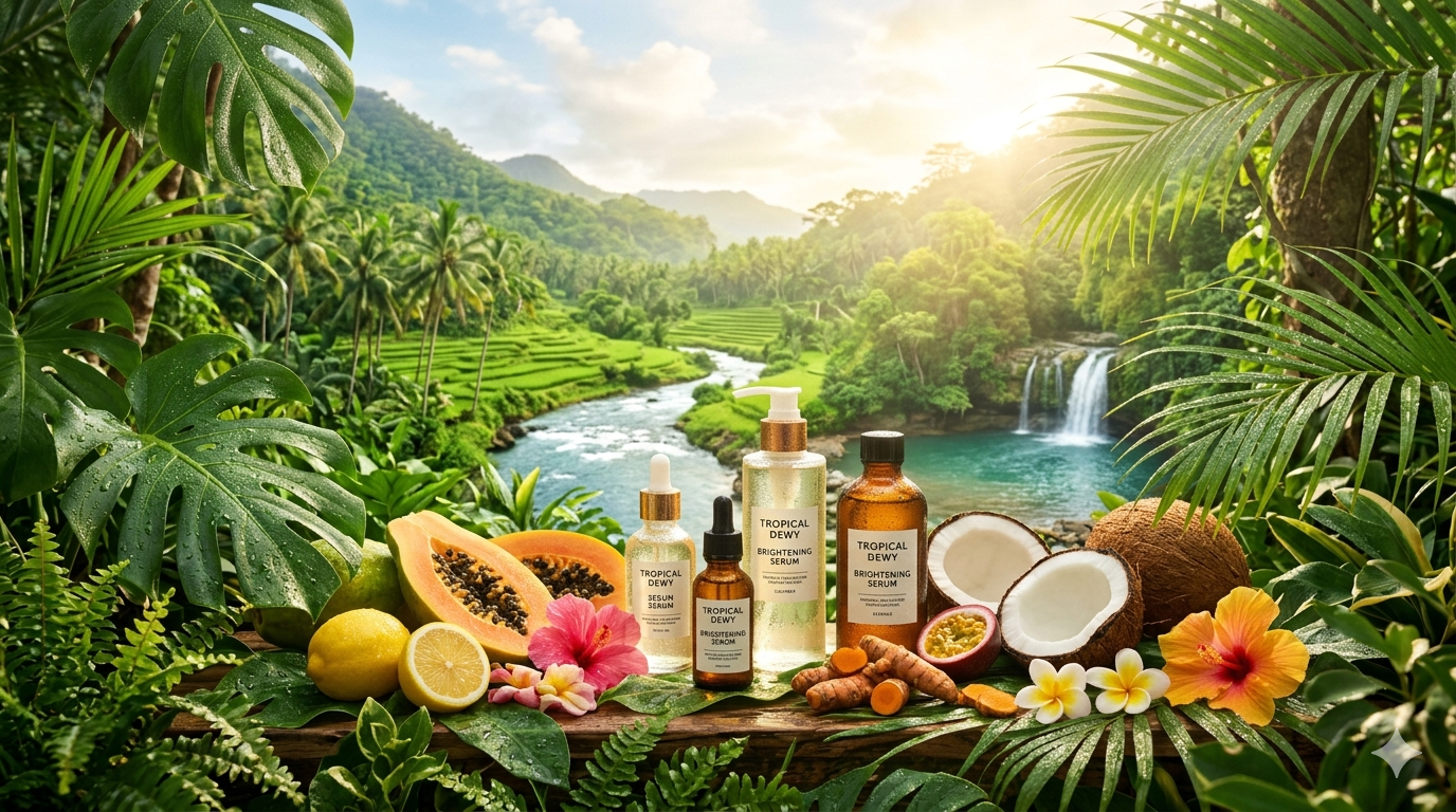 tropical-dewy-skin-visual-overview. Close-up of skin with visible moisture and soft light reflection in a bright tropical outdoor setting