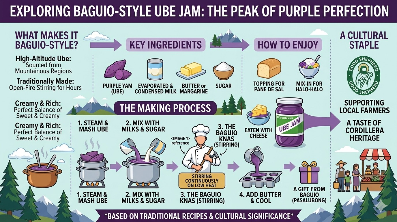 Diagram showing ube jam ingredients and step-by-step cooking process from mashed yam to thickened mixture