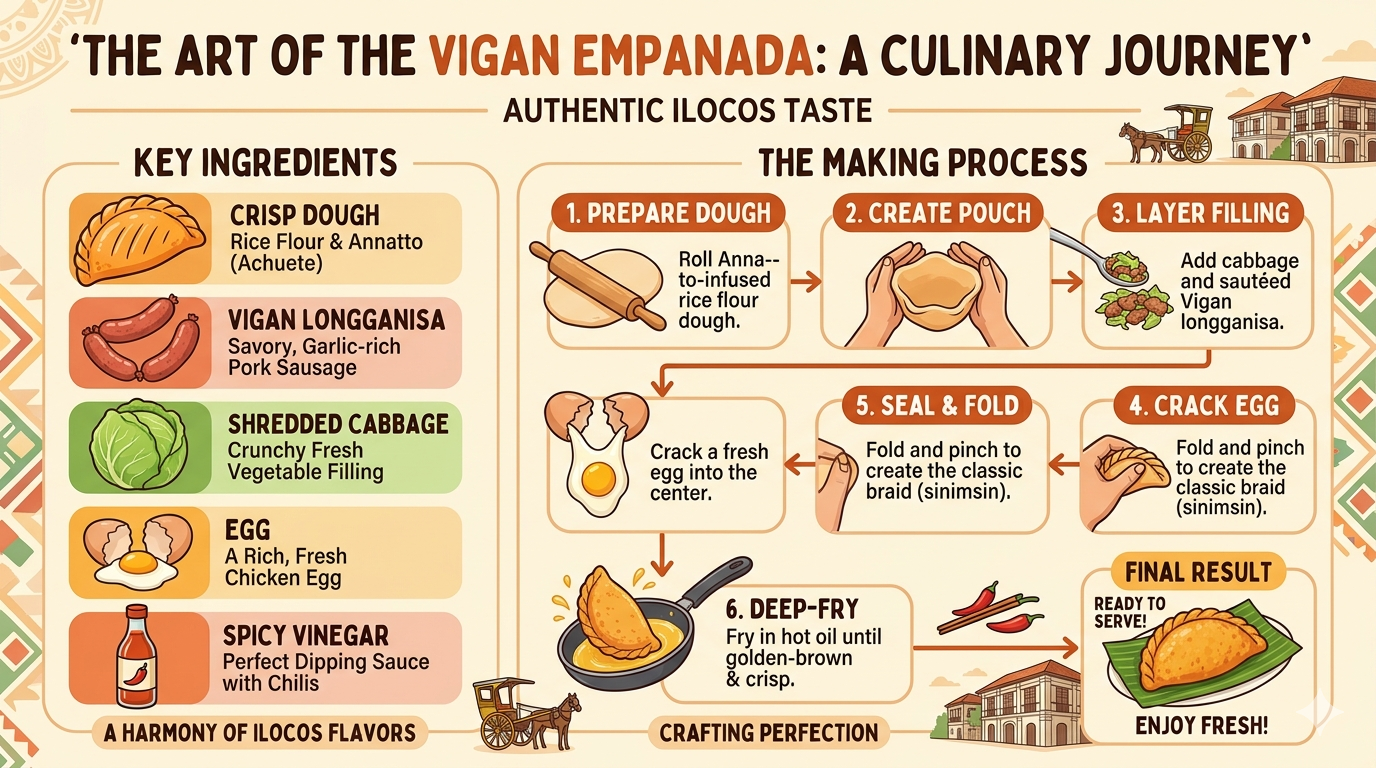 Visual layout showing Vigan empanada ingredients such as rice dough, egg, papaya, and sausage with preparation stages