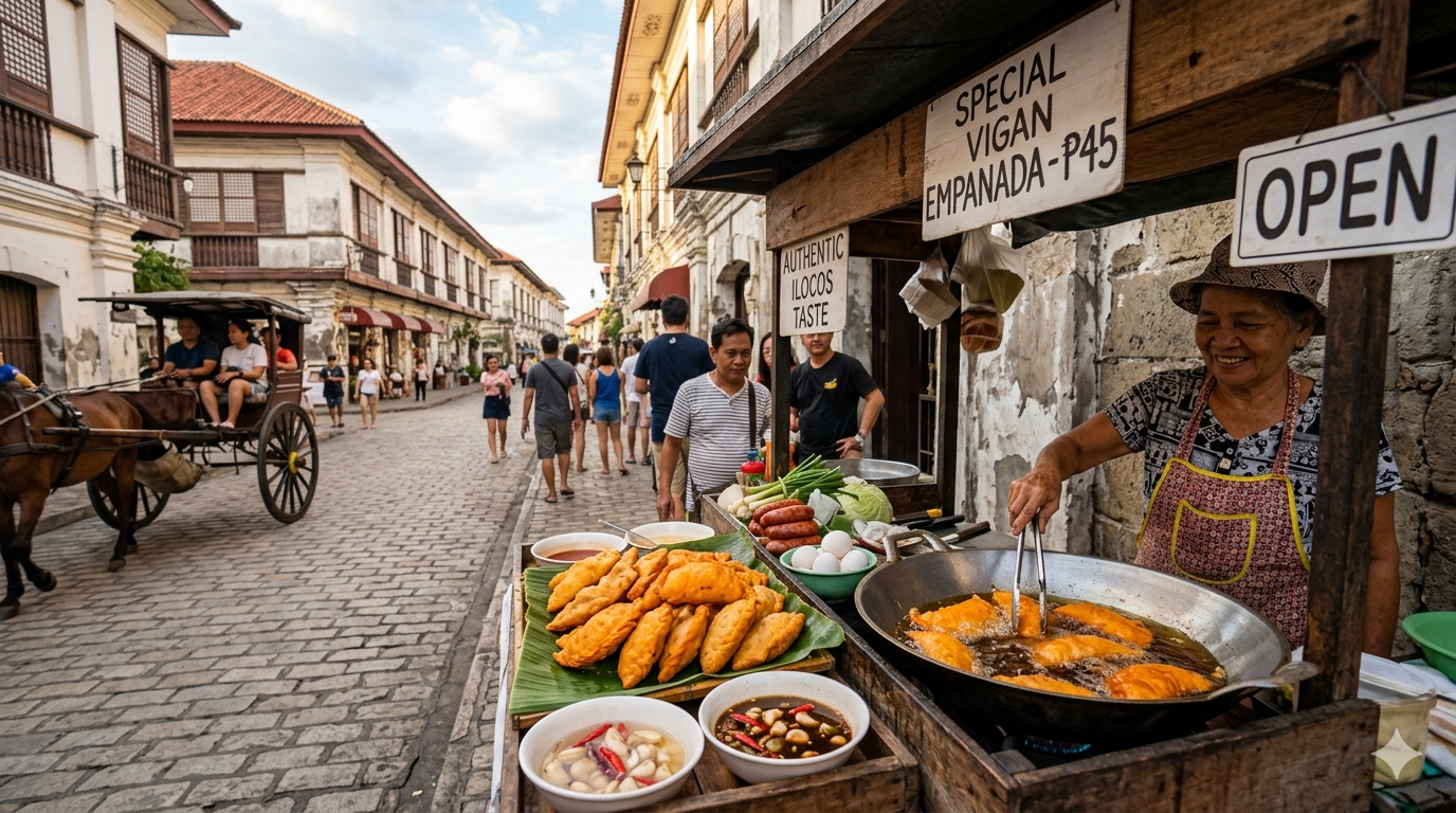 Vigan empanada with orange rice crust and egg filling displayed on a street vendor tray