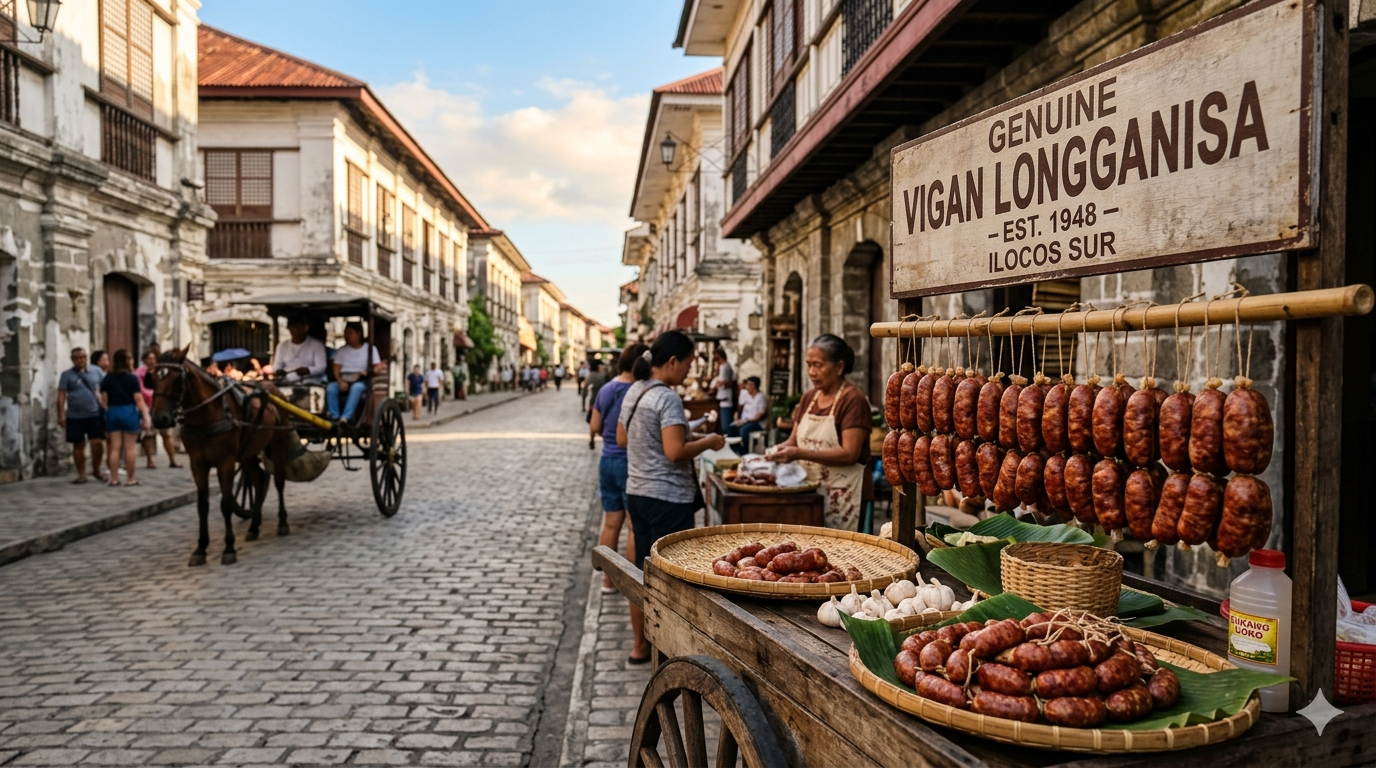 vigan-longganisa-garlic-rice-plate. Plate of Vigan longganisa with garlic, rice, and egg served on a wooden table