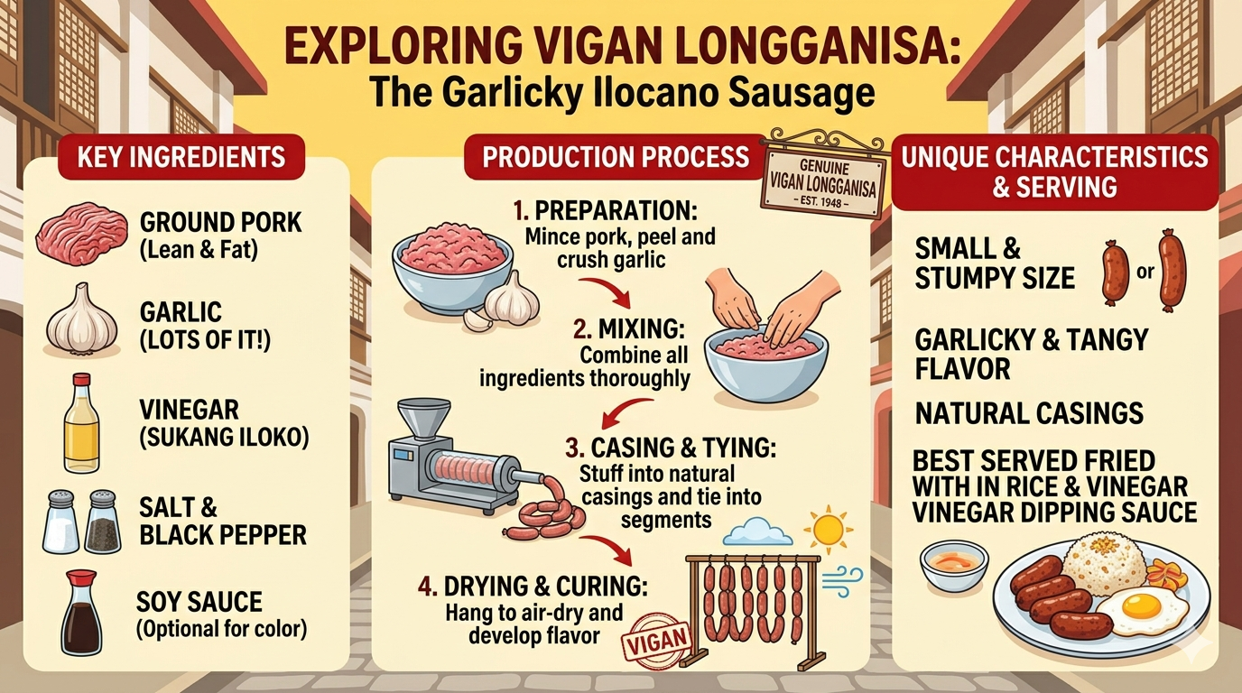 Infographic showing ingredients and general nutrient components of Vigan longganisa