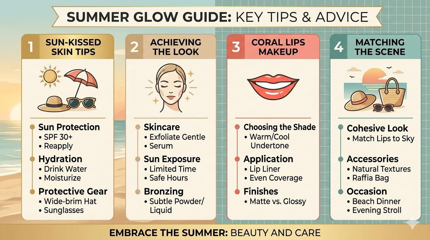 Infographic illustrating makeup color categories including warm complexion tones and coral lip pigments with labeled cosmetic tools.