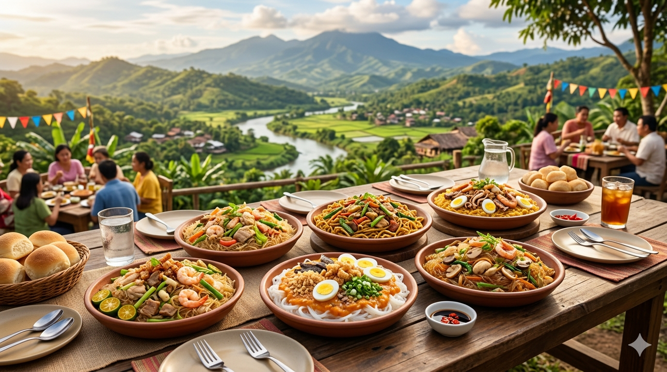 Several pancit noodle dishes displayed in bowls with vegetables, seafood, meat, and garnishes on a dining table.