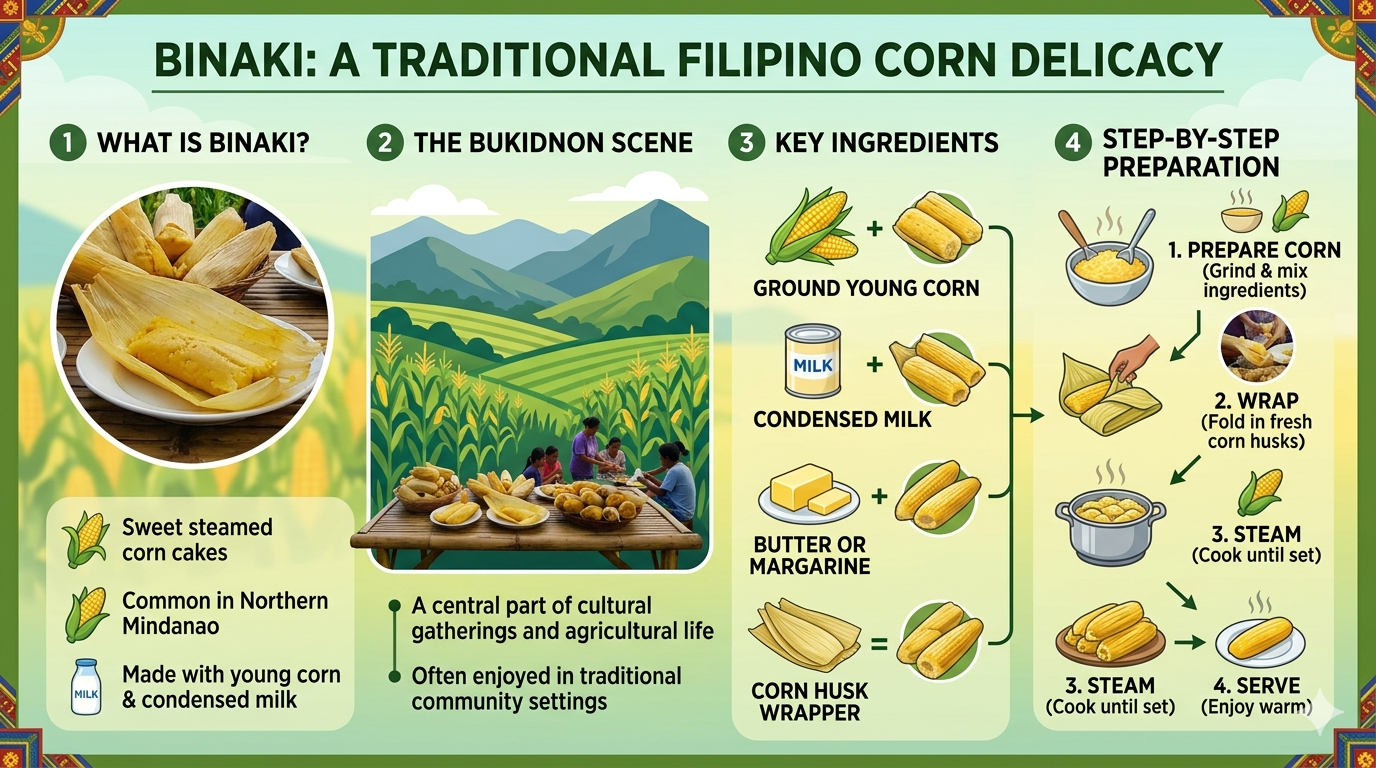 Diagram showing ingredients and steaming process of binaki.