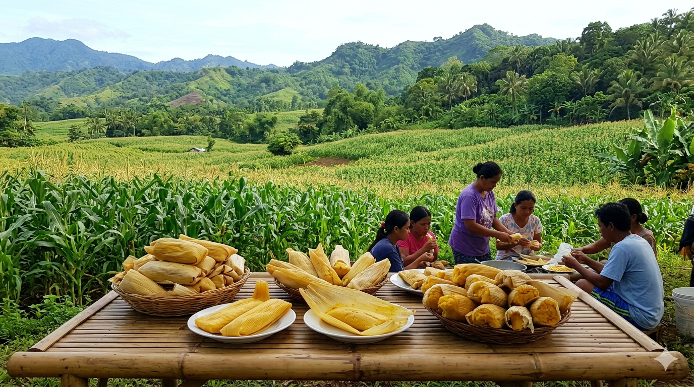 Steamed binaki wrapped in corn husks on a wooden table.