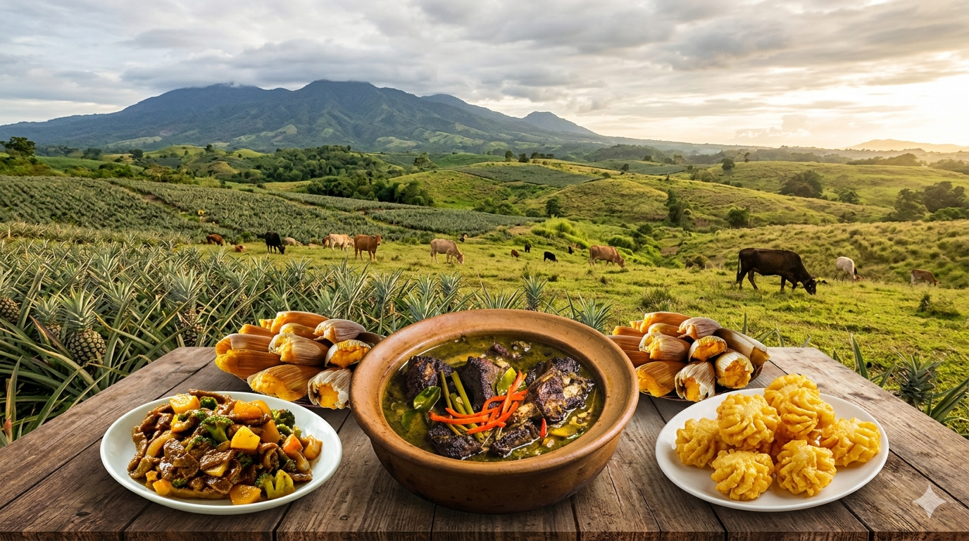 Raw and cooked Bukidnon beef cuts on a kitchen counter with vegetables