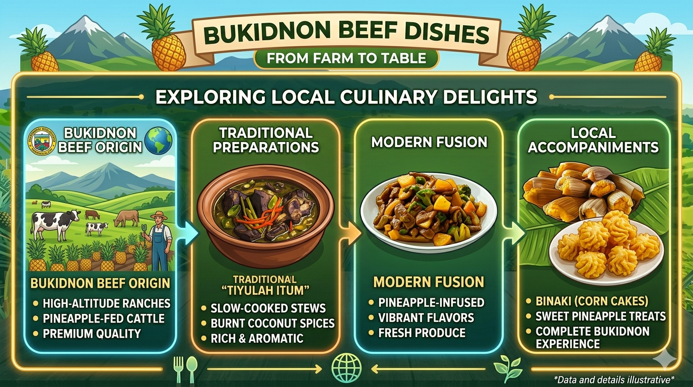 Visual infographic showing Bukidnon beef cuts with nutrient categories and serving ideas