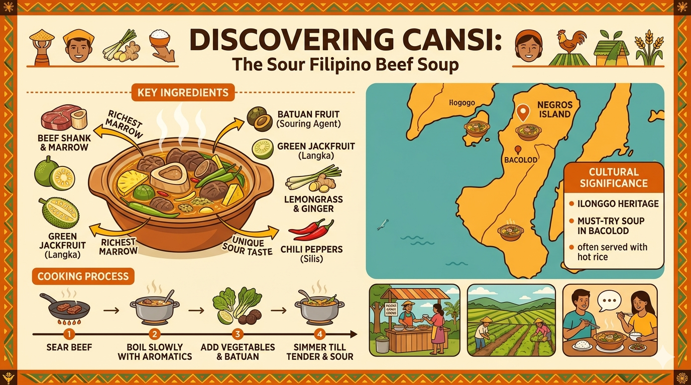 Diagram showing common ingredients and preparation of Cansi soup