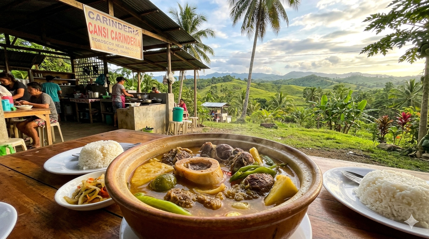 Bowl of Cansi soup with beef, banana blossoms, and green leafy vegetables