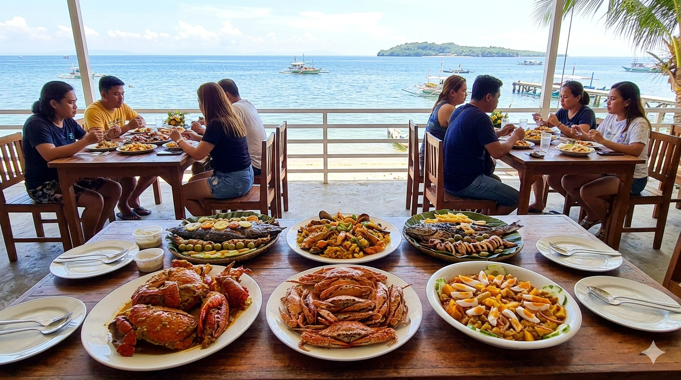 chavacano-seafood-cover. Plate of assorted Chavacano-style seafood dishes with vegetables and rice, visually presented.