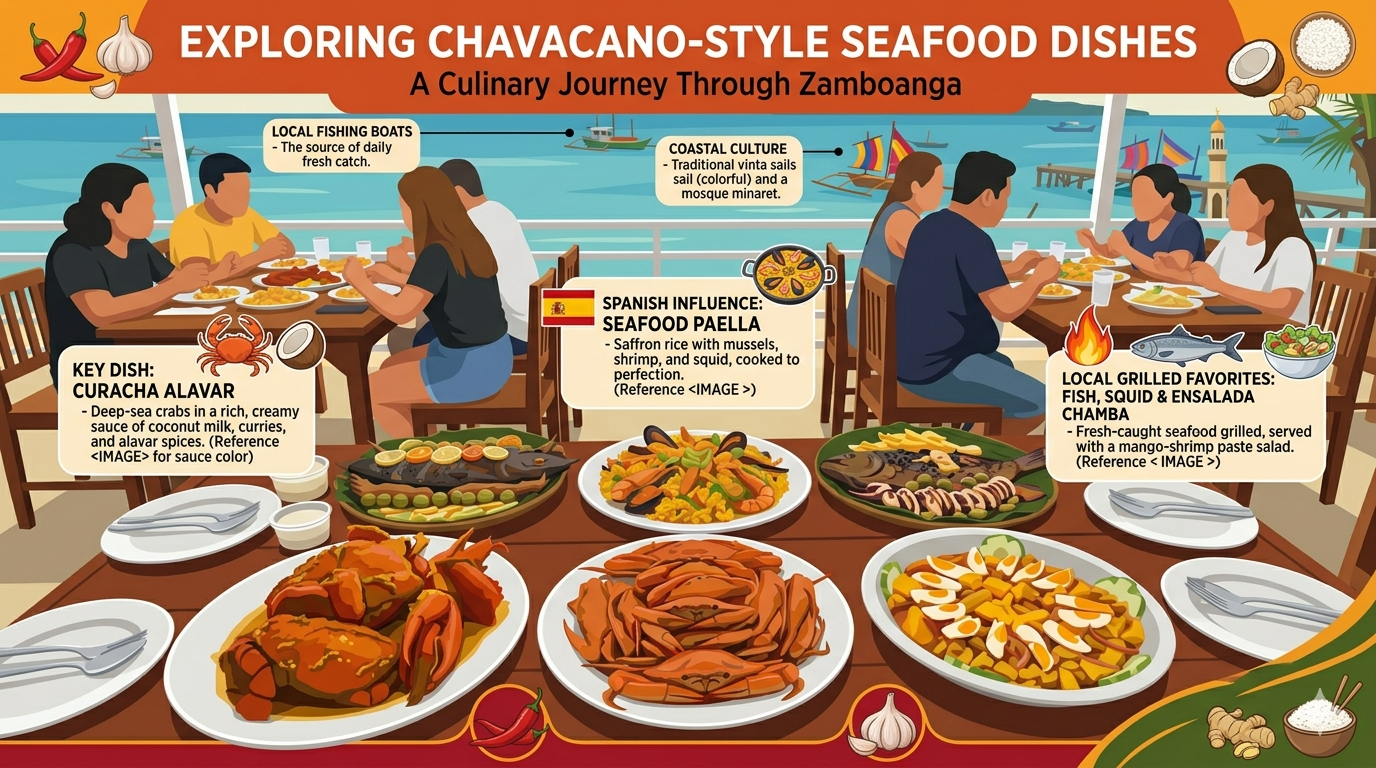Chart showing Chavacano-style seafood dishes with ingredients and nutrient categories.