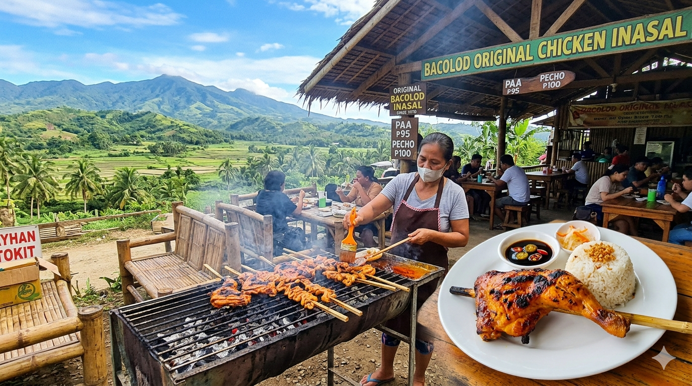 Grilled Chicken Inasal on skewers over charcoal grill.