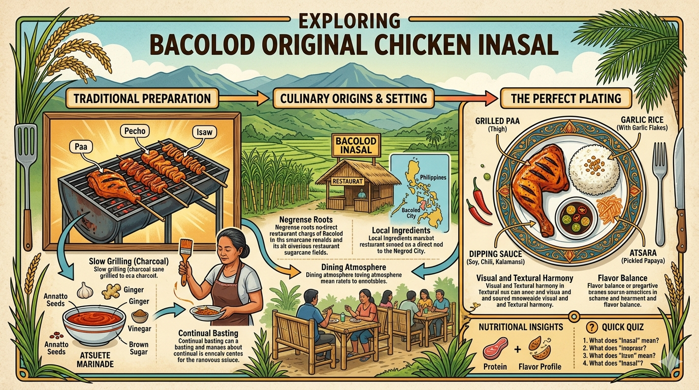 Infographic showing Chicken Inasal portions, marinade, and macronutrient content.