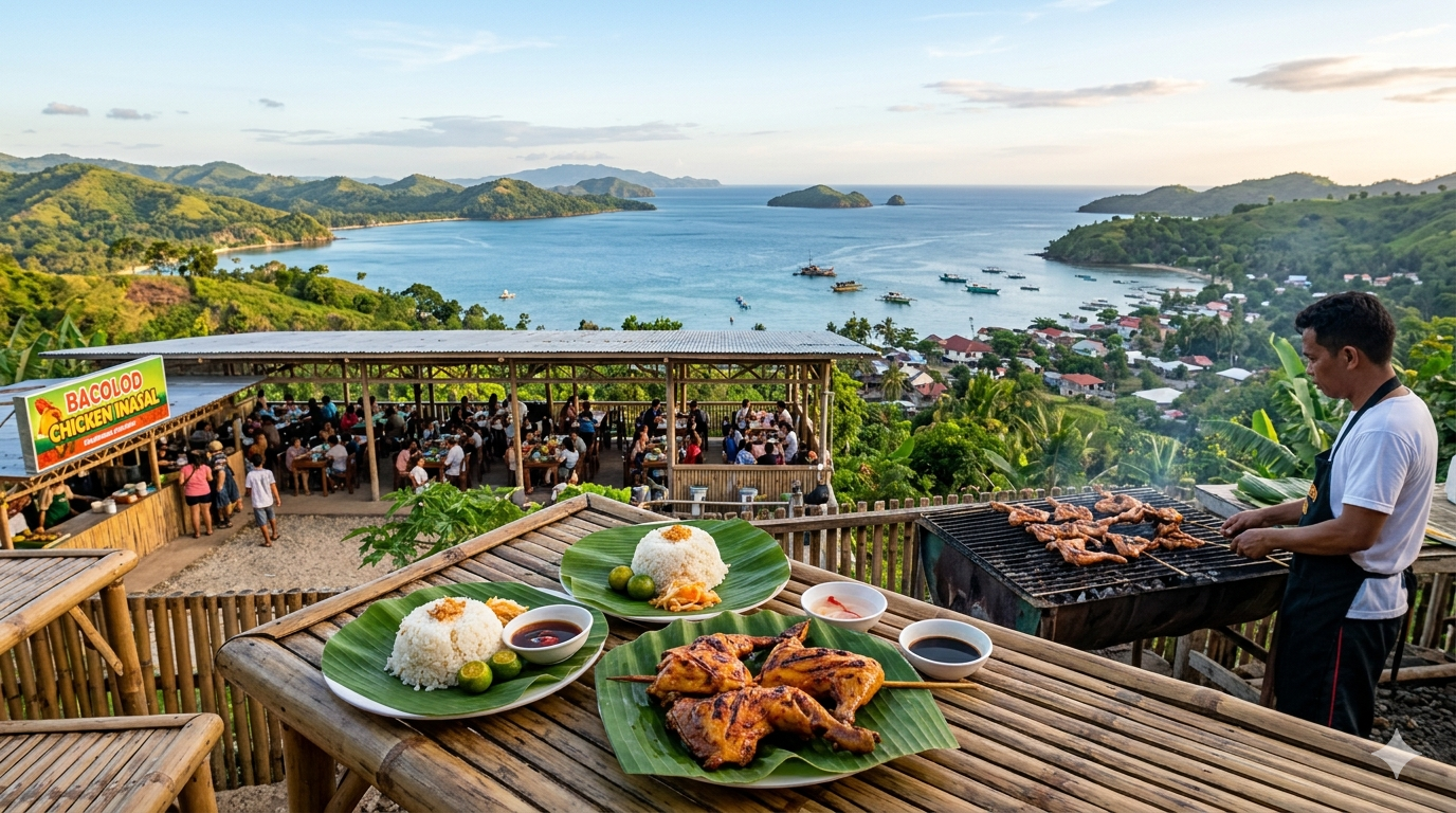 Grilled chicken inasal pieces on a charcoal grill with visible annatto-colored glaze and smoke rising