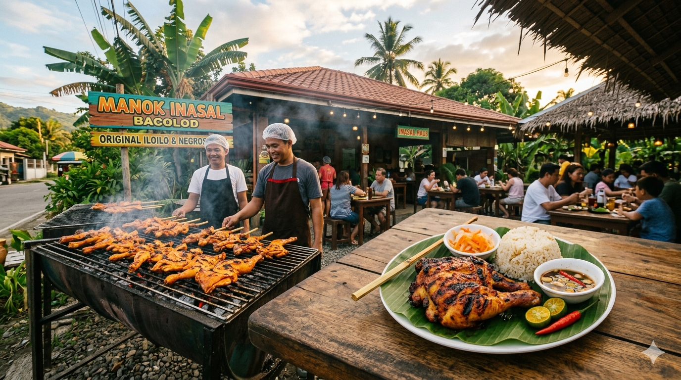 Grilled chicken pieces coated in annatto-colored marinade cooking on a charcoal grill with visible grill marks.