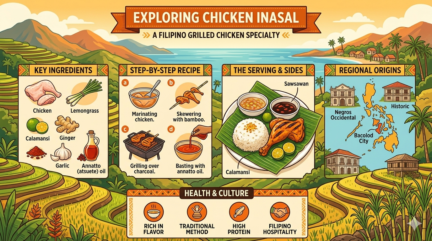 Illustrated layout showing common ingredients and preparation stages associated with Chicken Inasal