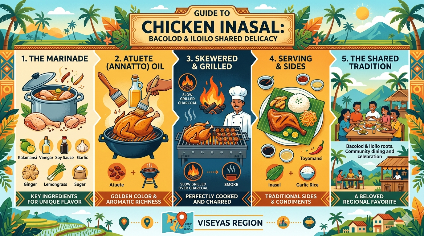 Diagram showing common ingredients and preparation steps associated with Chicken Inasal, including marinade components and charcoal grilling.