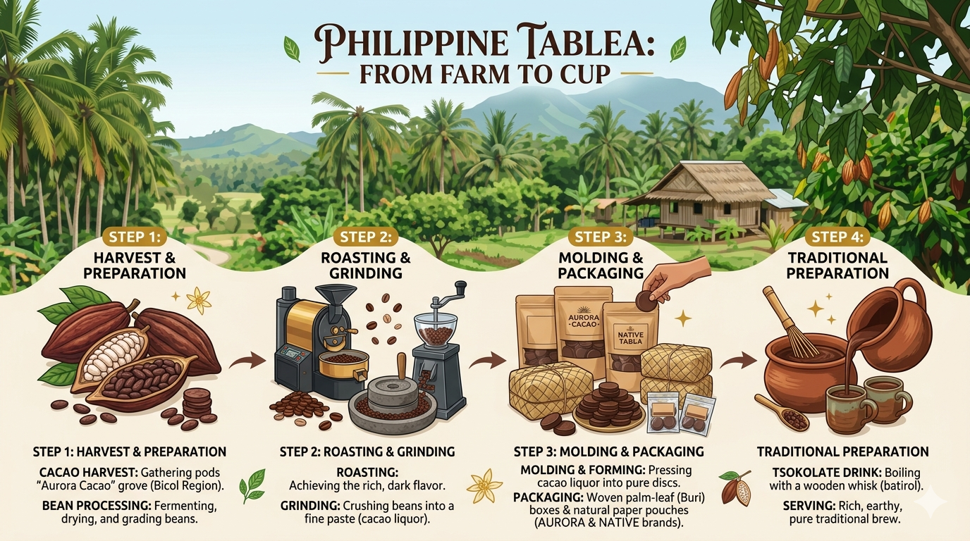 Infographic showing the typical ingredients and macronutrient distribution of chocolate tablea