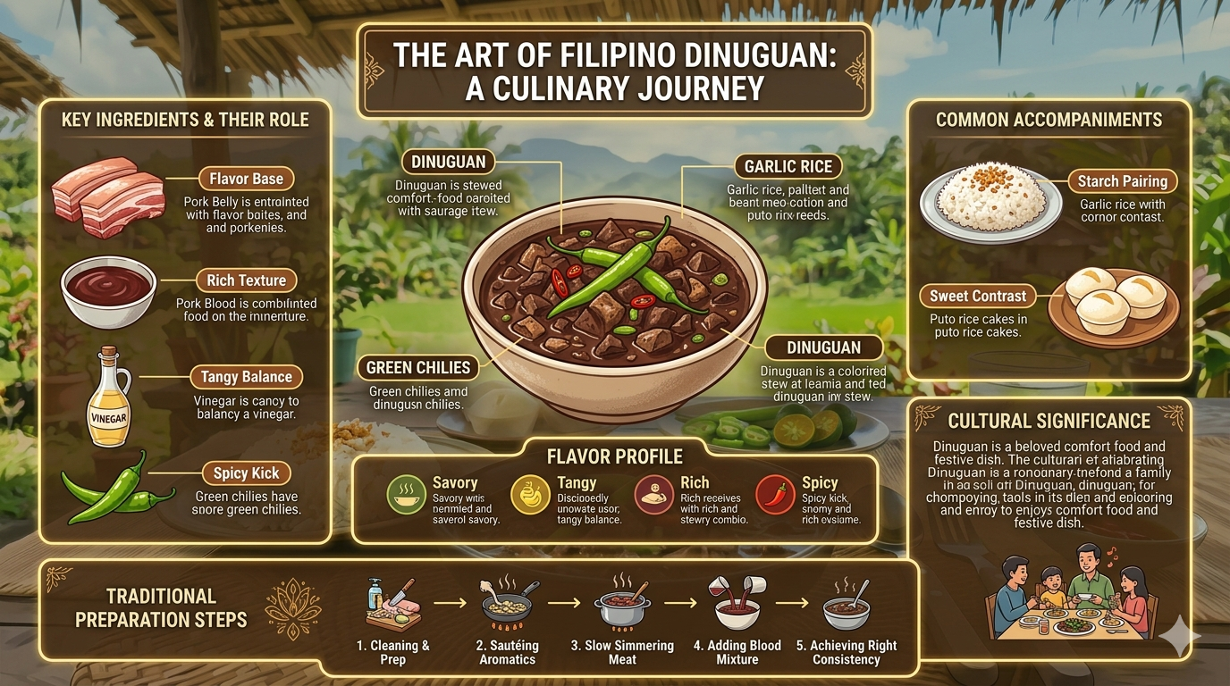 Illustrative infographic showing Dinuguan ingredients and cooking steps.